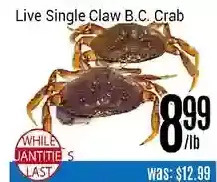 Nations Fresh Foods Live single claw b.c. crab offer