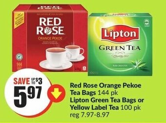 FreshCo Red Rose Orange Pekoe Tea Bags 144 pk Lipton Green Tea Bags or Yellow Label Tea 100pk offer