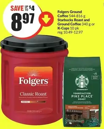 FreshCo Folgers Ground Coffee 544-816 g Starbucks Roast and Ground Coffee 340g or K-Cups 10 pk offer