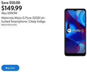Walmart Motorola Moto G Pure 32GB Unlocked Smartphone| Deep Indigo offer