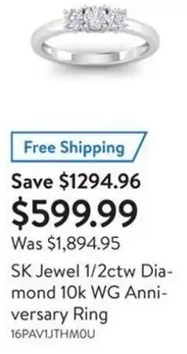 Walmart SK Jewel 1/2ctw Diamond 10k WG Anniversary Ring offer