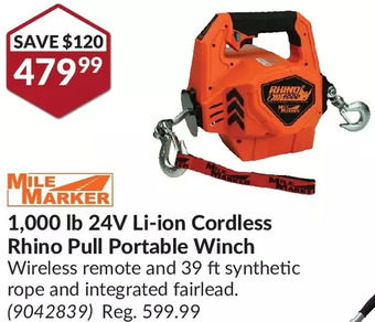 Princess Auto Mile marker 1,000 lb 24v li-ion cordless rhino pull portable winch offer