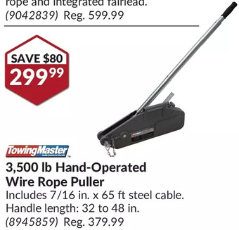 Princess Auto Towing master 3,500 lb hand-operated wire rope puller offer