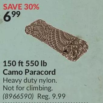 Princess Auto 150 ft 550 lb camo paracord offer