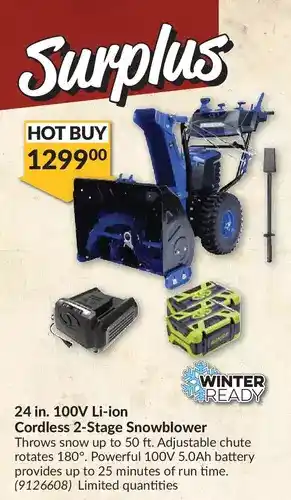 Princess Auto Surplus 24 in. 100v li-ion cordless 2-stage snowblower offer