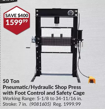 Princess Auto Pro.point 50 ton pneumatic/hydraulic shop press with foot control and safety cage offer