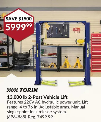 Princess Auto Torin 13,000 lb 2-post vehicle lift offer