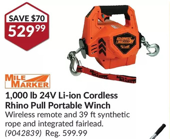 Princess Auto Mile marker 1,000 lb 24v li-ion cordless rhino pull portable winch offer