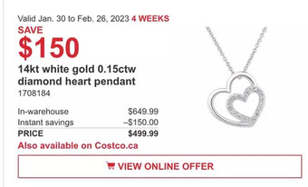 Costco 14kt white gold 0.15ctw diamond heart pendant offer
