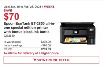 Costco Epson ecotank et-2850 all-in-one special edition printer offer