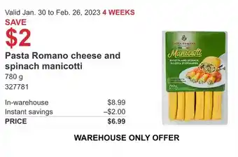 Costco Pasta romano cheese and spinach manicotti offer