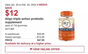 Costco Align triple action probiotic supplement offer