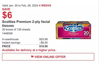 Costco Scotties premium 2-ply facial tissues offer
