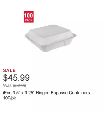 Costco Ieco 9.5” x 9.25” hinged bagasse containers 100/pk offer