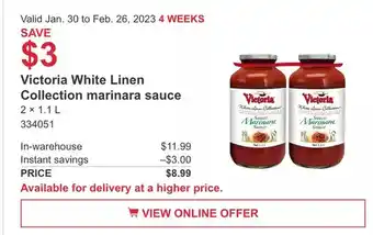 Costco Victoria white linen collection marinara sauce offer