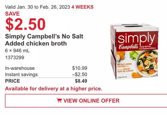 Costco Simply campbell's no salt added chicken broth offer