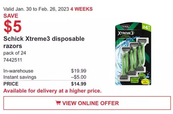 Costco Schick xtreme3 disposable razors offer