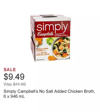 Costco Simply campbell’s no salt added chicken broth, 6 x 946 ml offer