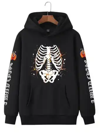 SheIn Romwe guys skeleton & letter graphic kangaroo pocket thermal hoodie offer