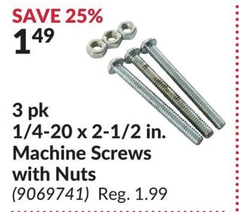 Princess Auto 3 pk 1/4-20 x 2-1/2 in. machine screws with nuts offer