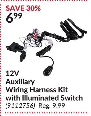Princess Auto 12v auxiliary wiring harness kit with illuminated switch offer