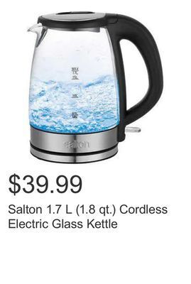 Costco Salton 1.7 l (1.8 qt.) cordless electric glass kettle offer