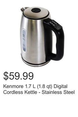 Costco Kenmore 1.7 l (1.8 qt) digital cordless kettle - stainless steel offer