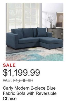Costco Carly modern 2-piece blue fabric sofa with reversible chaise offer