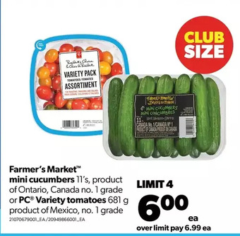 Real Canadian Superstore Farmer's market mini cucumbers or pc variety tomatoes offer