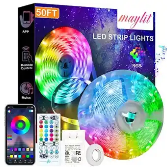 Amazon Maylit 50ft led lights, bluetooth rgb led light strips with app and key remote control, bright 5050 diy color changing led st offer