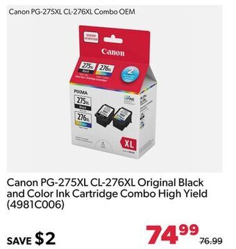 Canon pg-275xl cl-276xl original black and color ink cartridge combo high yield (4981c006)