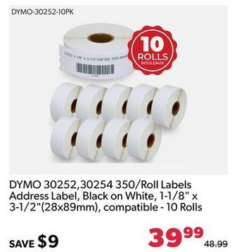 Dymo 30252,30254 350/roll labels address label, black on white, 1-1/8" x 3-1/2"(28x89mm), compatible - 10 rolls