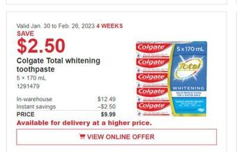 Costco Colgate total whitening toothpaste offer