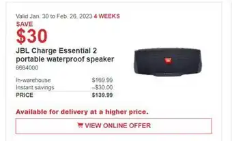 Costco Jbl charge essential 2 portable waterproof speakers offer
