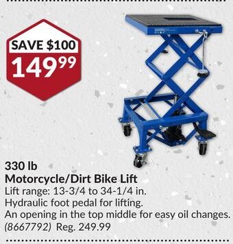 Princess Auto 330 lb motorcycle/dirt bike lift offer