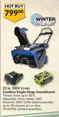 Princess Auto 21 in. 100v li-ion cordless single-stage snowblower throws offer