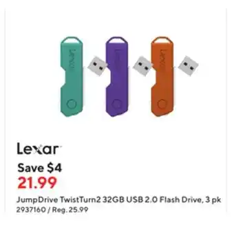 Staples Lexar jumpdrive twistturn2 32 gb usb 2.0 flash drive, 3 pk offer