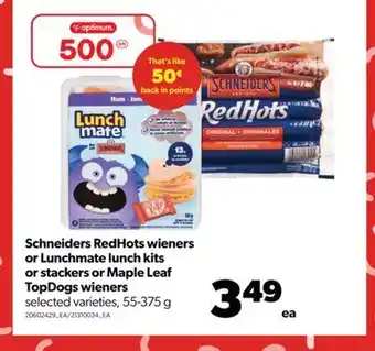 Real Canadian Superstore Schneiders redhots wieners or lunchmate lunch kits or stackers or maple leaf topdogs wieners, 55-375 g offer