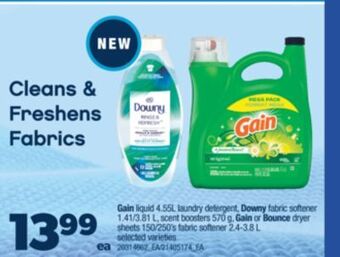 Real Canadian Superstore Gain liquid, 4.55l laundry detergent, downy fabric softener, 1.41/3.81 l, scent boosters, 570 g, gain or bounce dryer sheets, offer