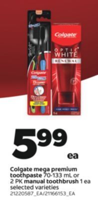 Real Canadian Superstore Colgate mega premium toothpaste, 70-133 ml or 2 pk manual toothbrush, 1 ea offer