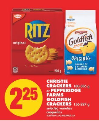 No Frills Christie crackers, 180-386 g or pepperidge farms goldfish crackers, 156-227 g offer