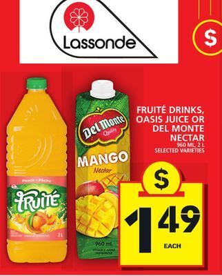 Food Basics Fruité drinks, oasis juice or del monte nectar offer