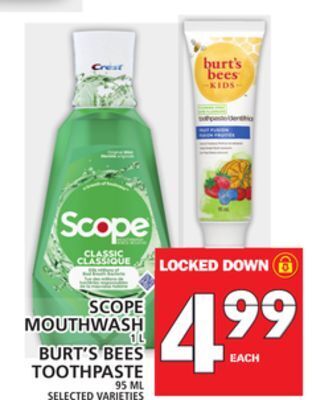Food Basics Scope mouthwash or burt's bees toothpaste offer