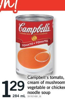 Fortinos Campbell's tomato, cream of mushroom, vegetable or chicken noodle soup, 284 ml offer