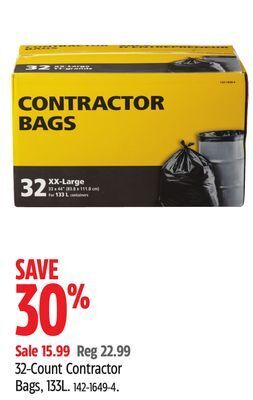 Canadian Tire 32-count contractor bags, 133l offer
