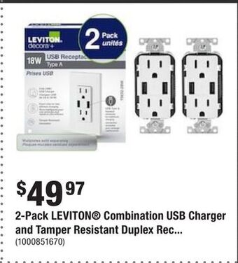Home Depot 2-pack leviton® combination usb charger and tamper resistant duplex receptacle offer