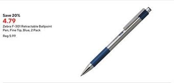 Staples Zebra f-301 retractable ballpoint pen, fine tip, blue, 2 pack offer