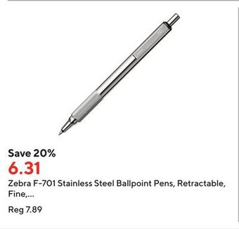 Staples Zebra f-701 stainless steel ballpoint pens, retractable, fine, 0.7mm tip, black offer