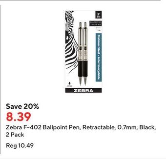 Staples Zebra f-402 ballpoint pen, retractable, 0.7mm, black, 2 pack offer