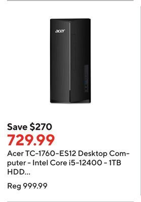 Staples Acer tc-1760-es12 desktop computer - intel core i5-12400 - 1tb hdd + 256gb ssd - 16gb ram - windows 11 offer
